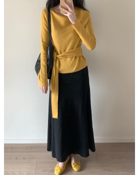 Pinched waist knitted skirt bandage black tops 2pcs set