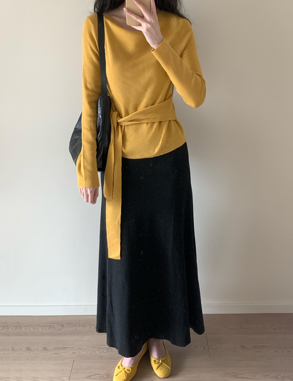 Pinched waist knitted skirt bandage black tops 2pcs set