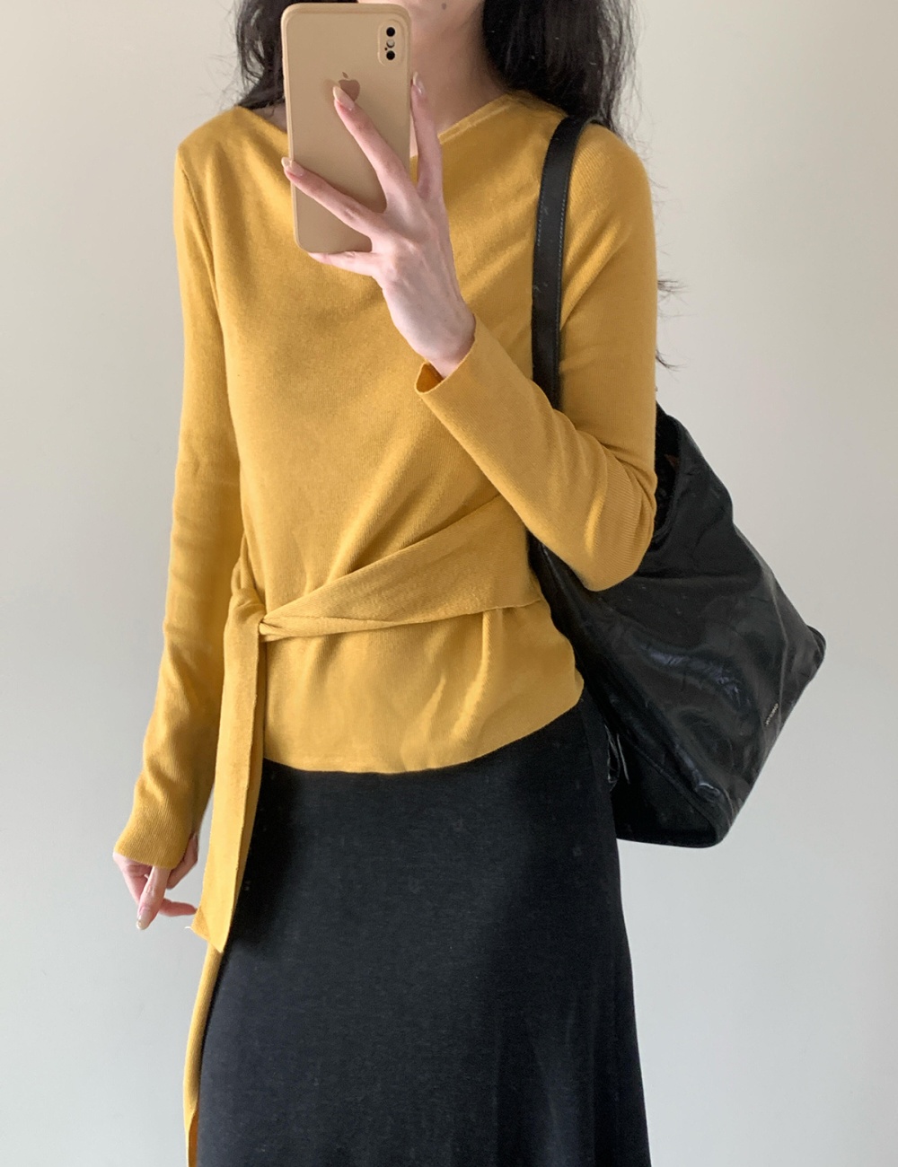 Pinched waist knitted skirt bandage black tops 2pcs set