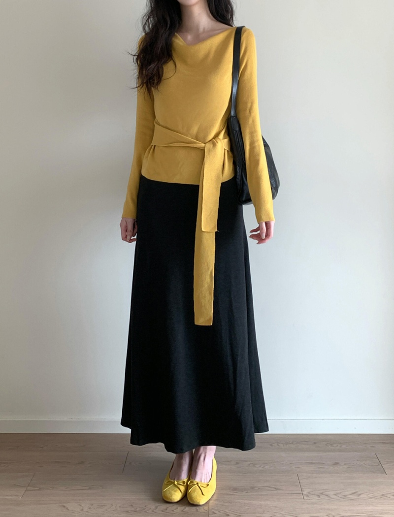 Pinched waist knitted skirt bandage black tops 2pcs set