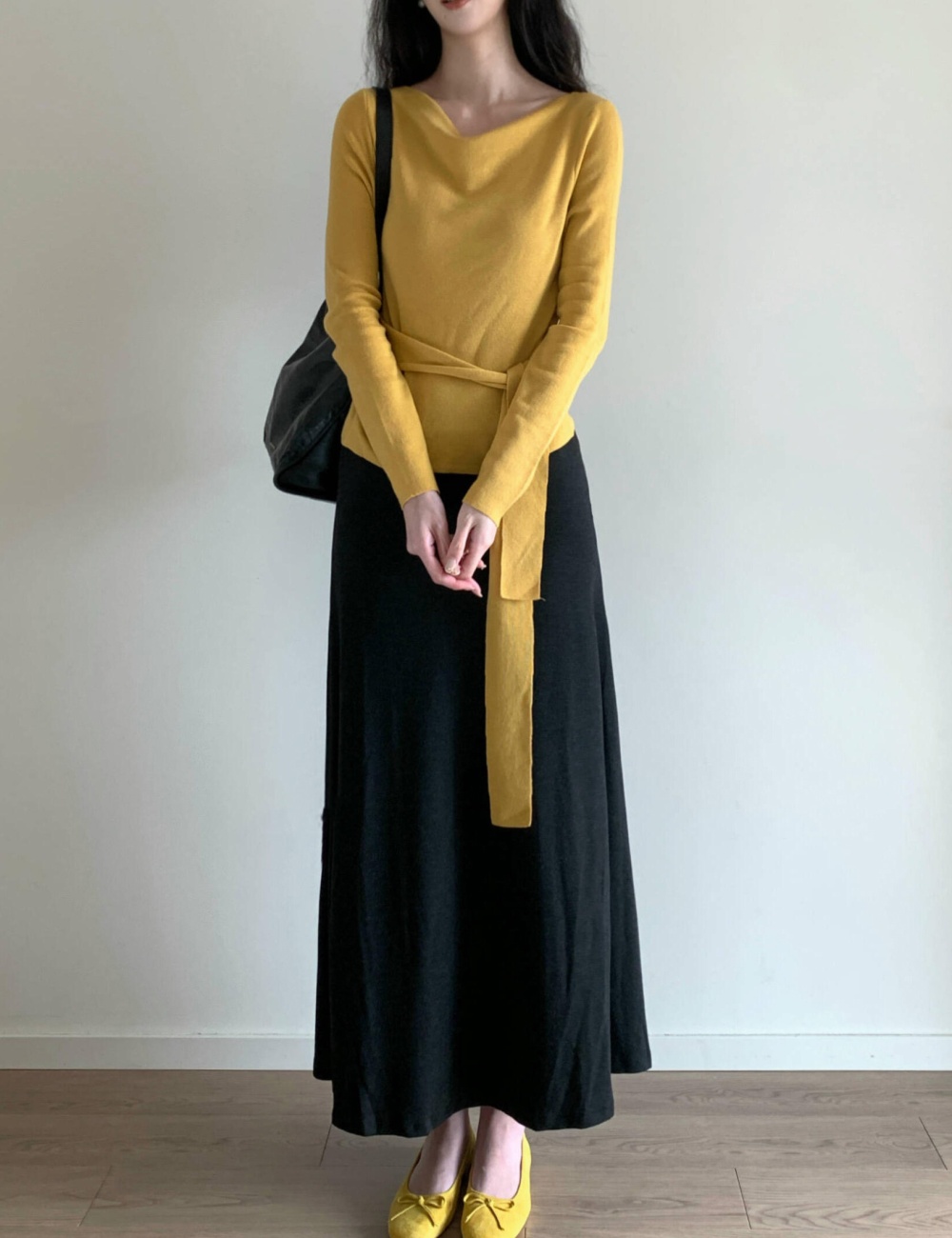 Pinched waist knitted skirt bandage black tops 2pcs set