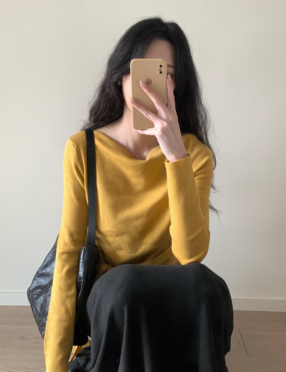 Pinched waist knitted skirt bandage black tops 2pcs set