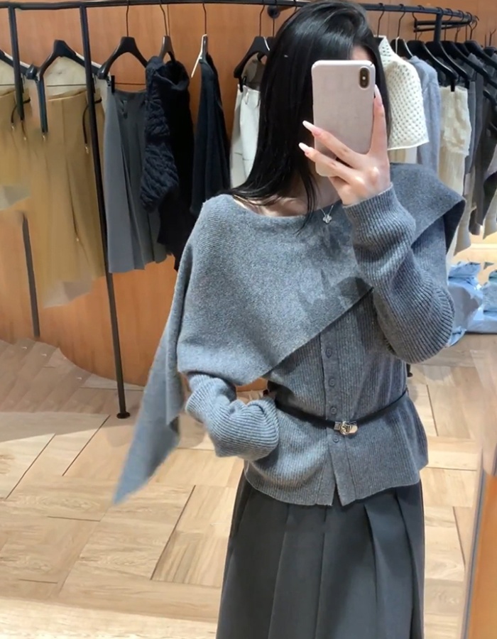 With belt small cloak irregular sweater 2pcs set