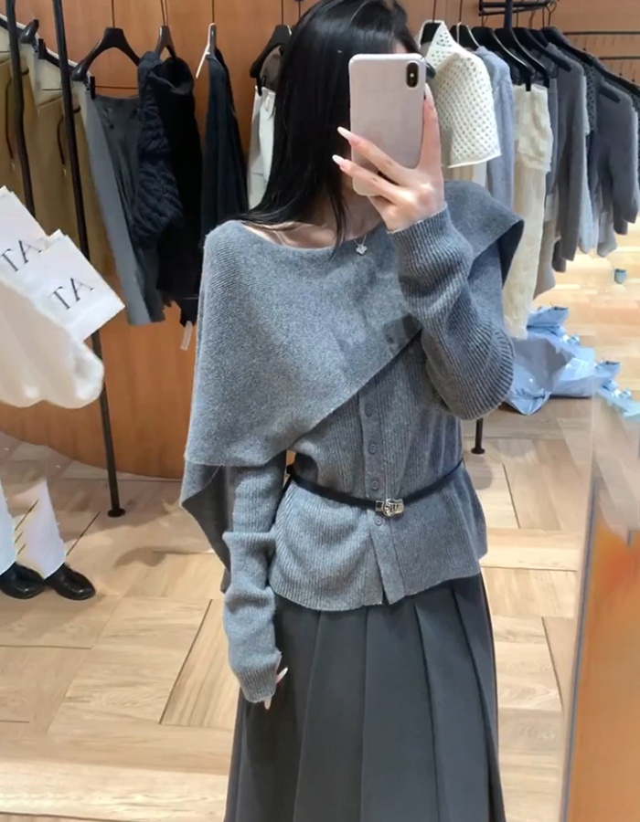 With belt small cloak irregular sweater 2pcs set