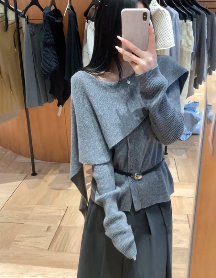 With belt small cloak irregular sweater 2pcs set
