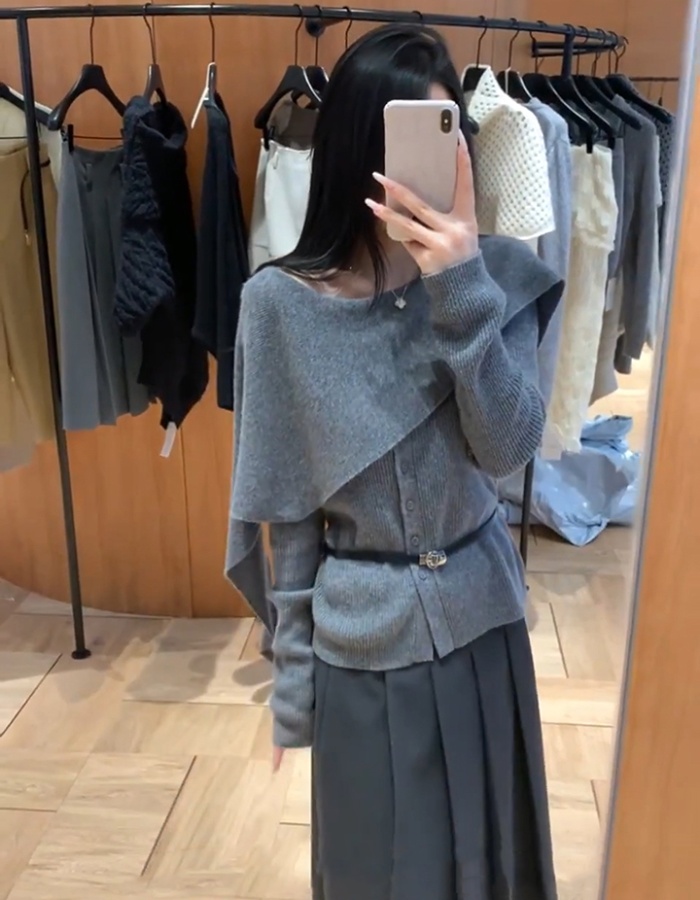 With belt small cloak irregular sweater 2pcs set