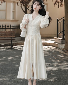 Retro embroidery autumn long dress V-neck France style dress