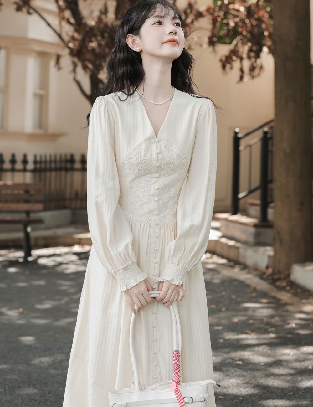 Retro embroidery autumn long dress V-neck France style dress