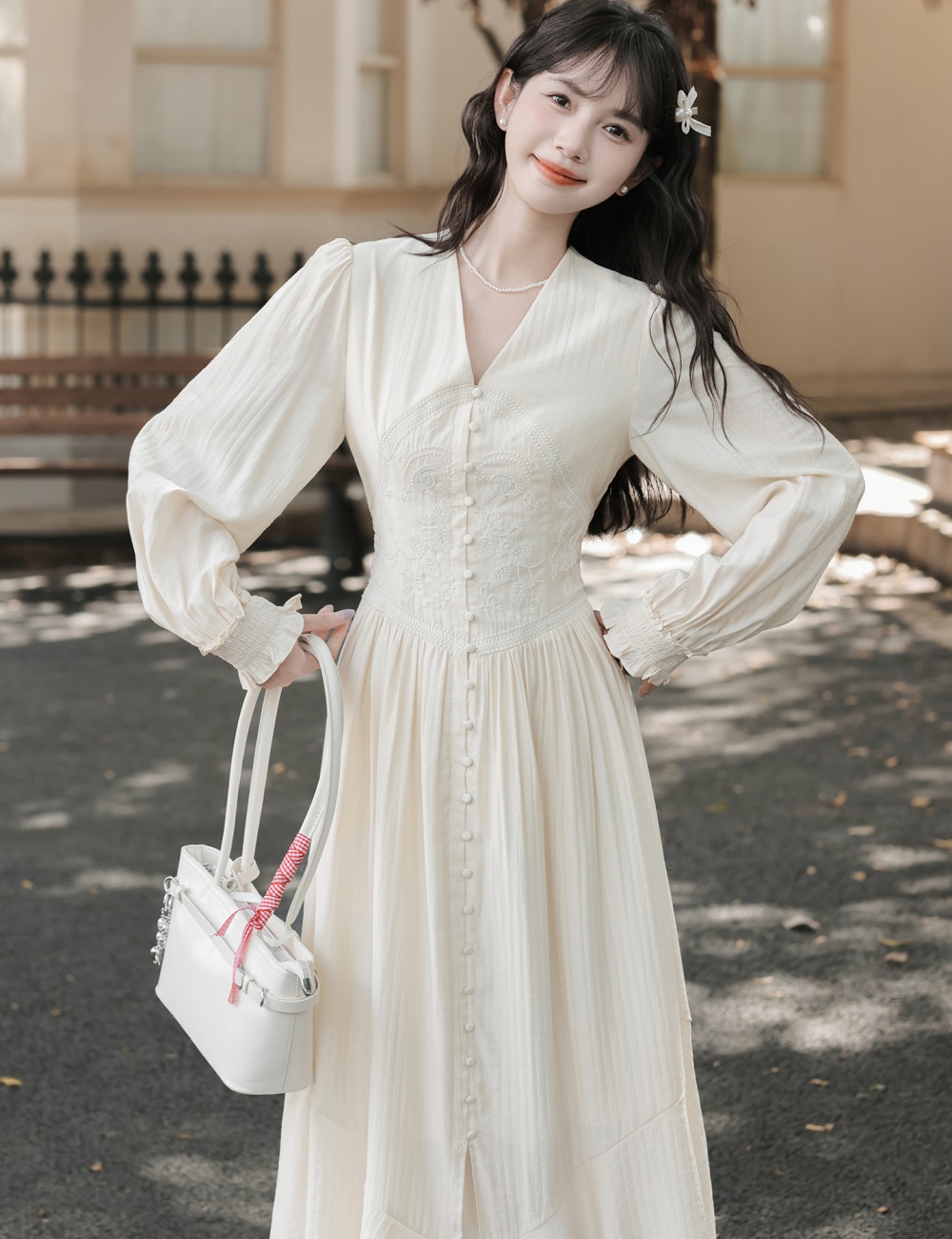 Retro embroidery autumn long dress V-neck France style dress