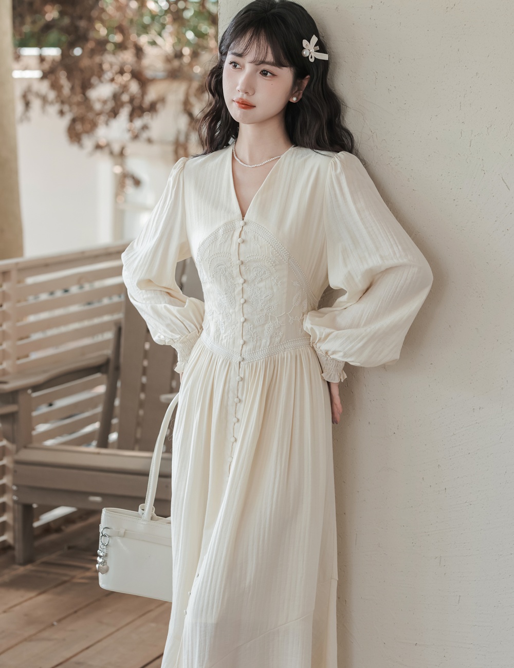 Retro embroidery autumn long dress V-neck France style dress