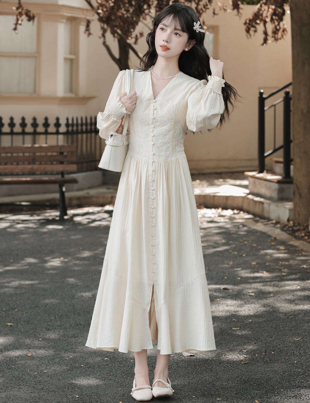 Retro embroidery autumn long dress V-neck France style dress