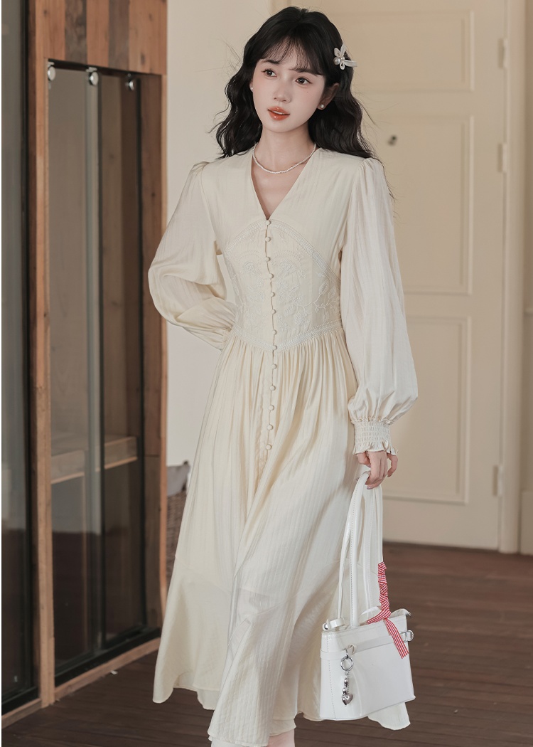 Retro embroidery autumn long dress V-neck France style dress