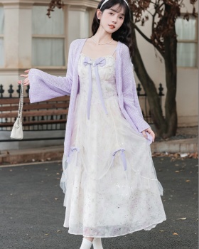 Chouzhe purple sweater floral tender strap dress a set