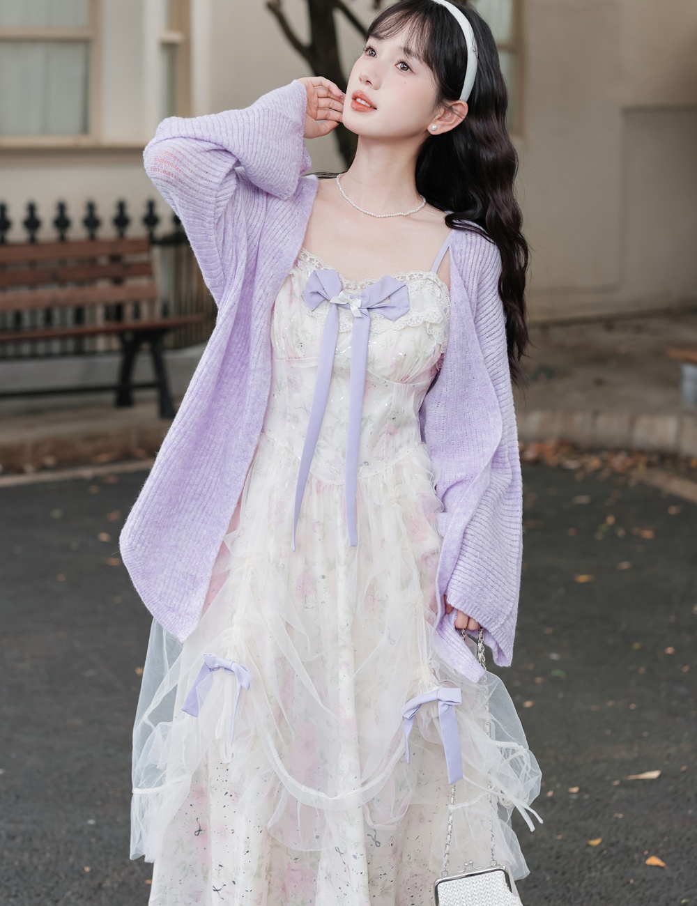 Chouzhe purple sweater floral tender strap dress a set