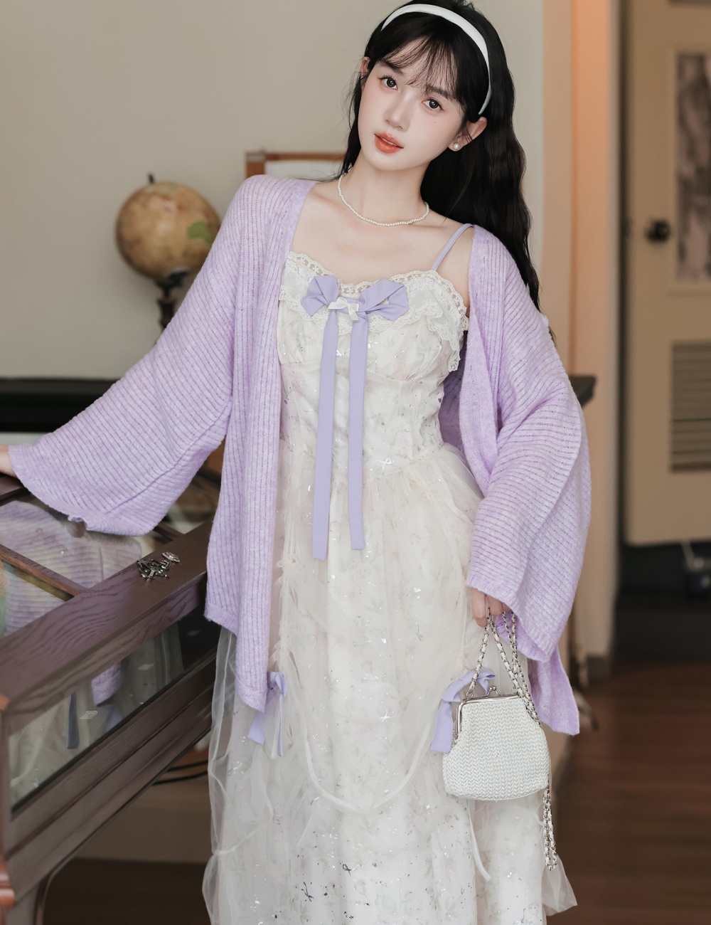 Chouzhe purple sweater floral tender strap dress a set
