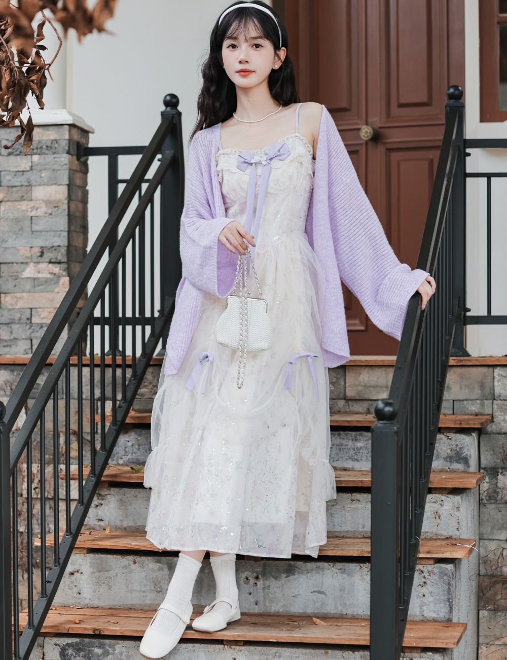 Chouzhe purple sweater floral tender strap dress a set