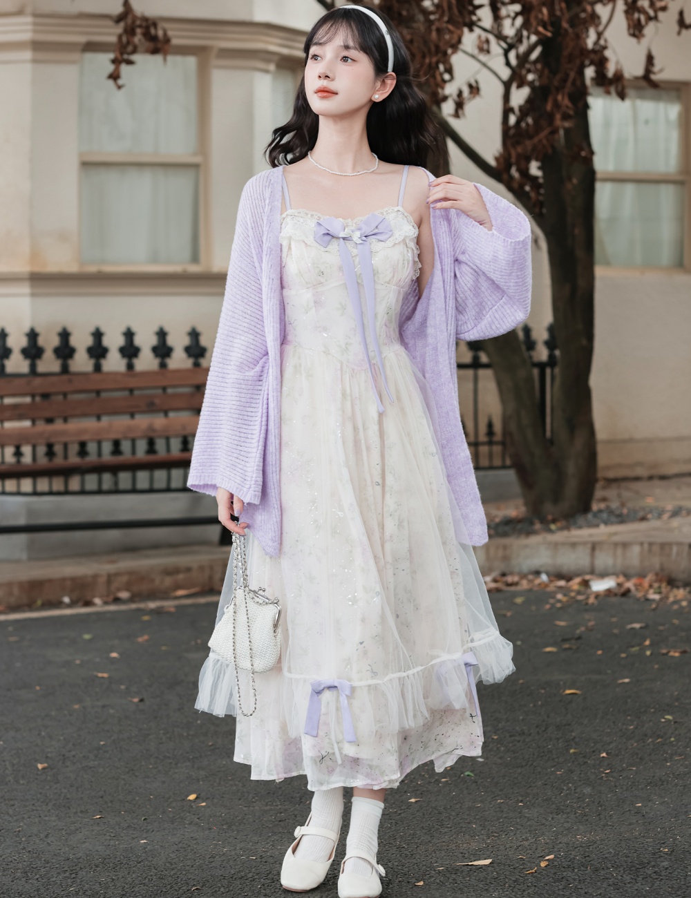 Chouzhe purple sweater floral tender strap dress a set