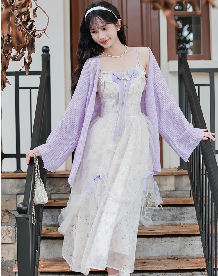 Chouzhe purple sweater floral tender strap dress a set