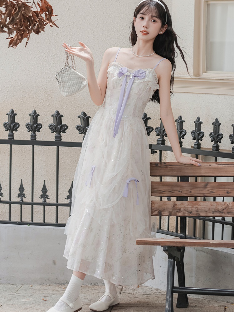 Chouzhe purple sweater floral tender strap dress a set