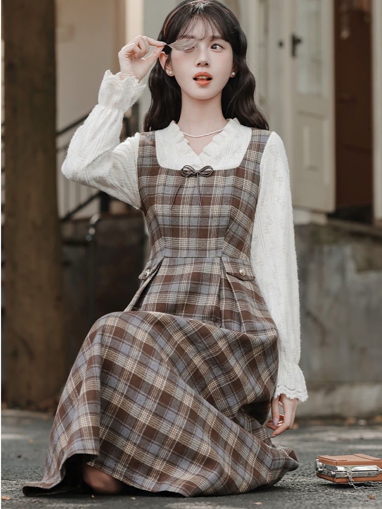 Pinched waist bottoming dress Pseudo-two long dress for women