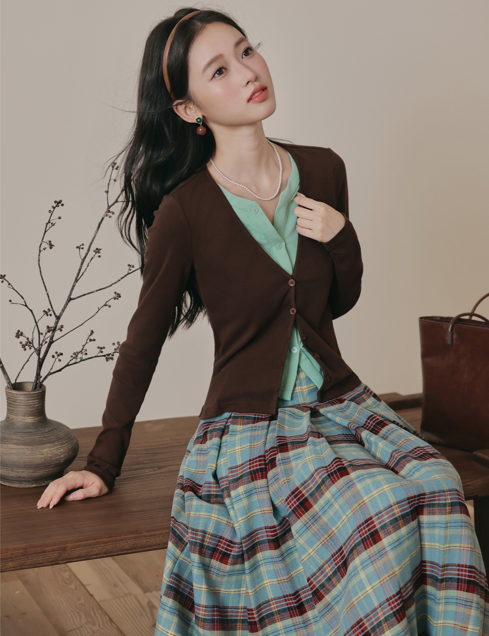 Knitted plaid tops pleated Pseudo-two long skirt 2pcs set