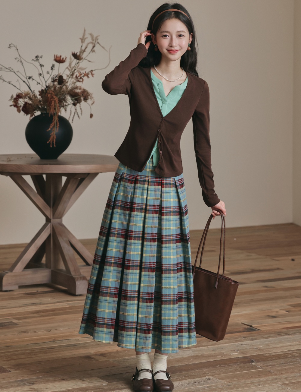 Knitted plaid tops pleated Pseudo-two long skirt 2pcs set