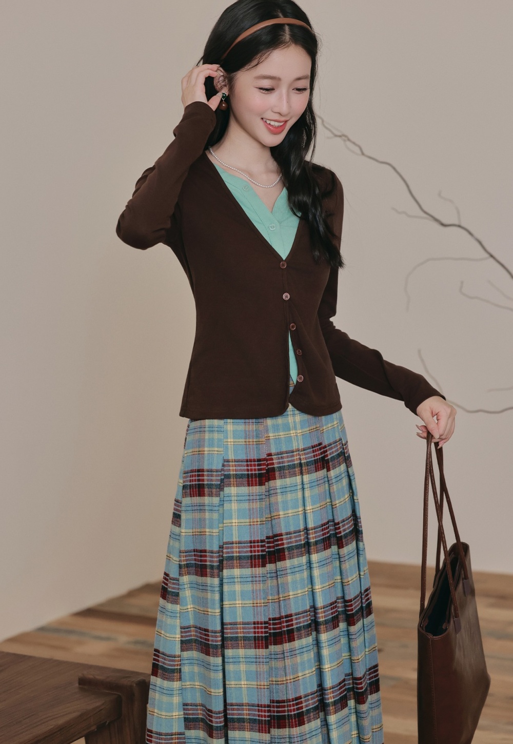 Knitted plaid tops pleated Pseudo-two long skirt 2pcs set