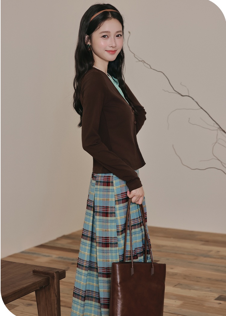 Knitted plaid tops pleated Pseudo-two long skirt 2pcs set