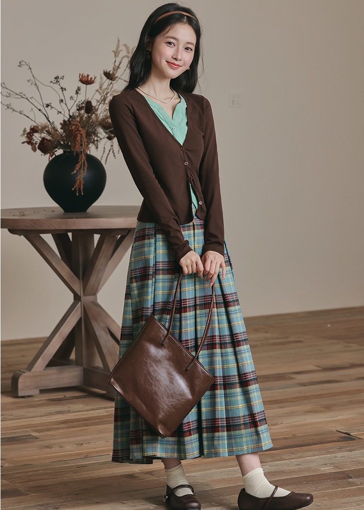 Knitted plaid tops pleated Pseudo-two long skirt 2pcs set