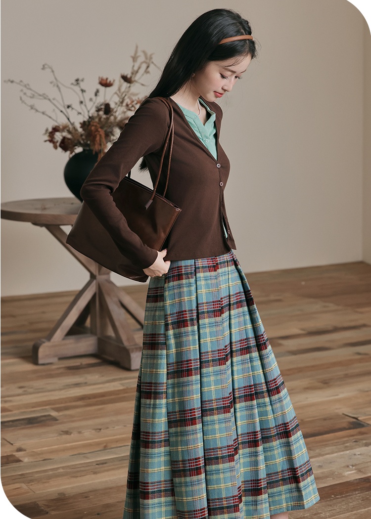 Knitted plaid tops pleated Pseudo-two long skirt 2pcs set