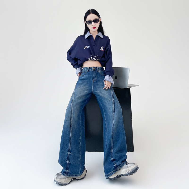 Mopping washed long pants loose retro jeans for women