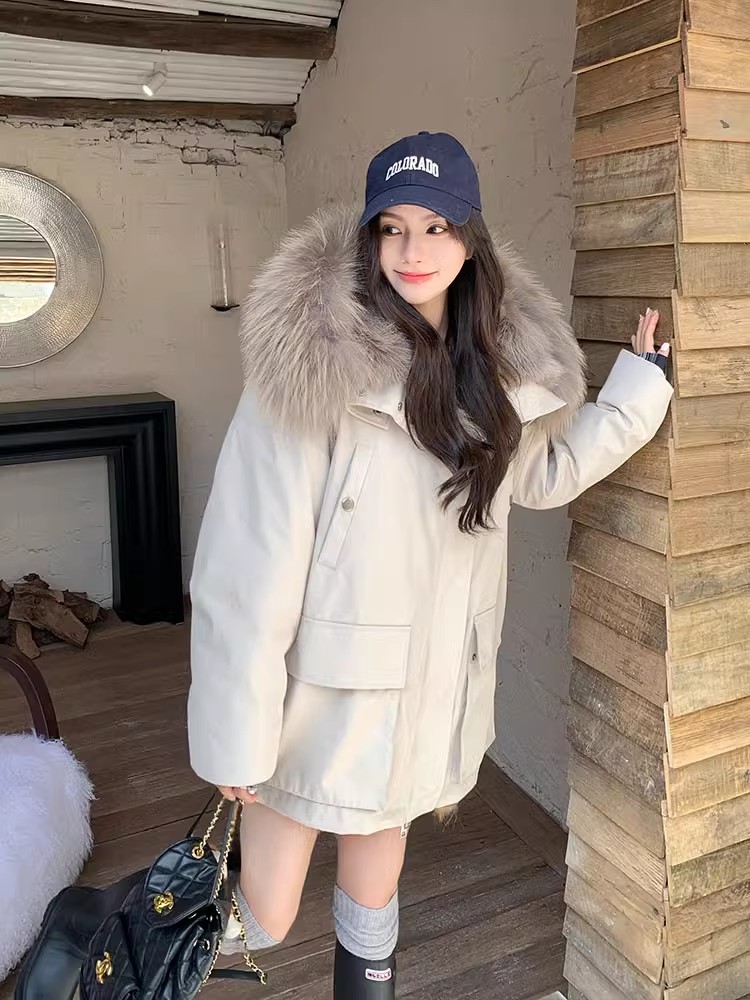 Hooded winter coat large fur collar thermal cotton coat