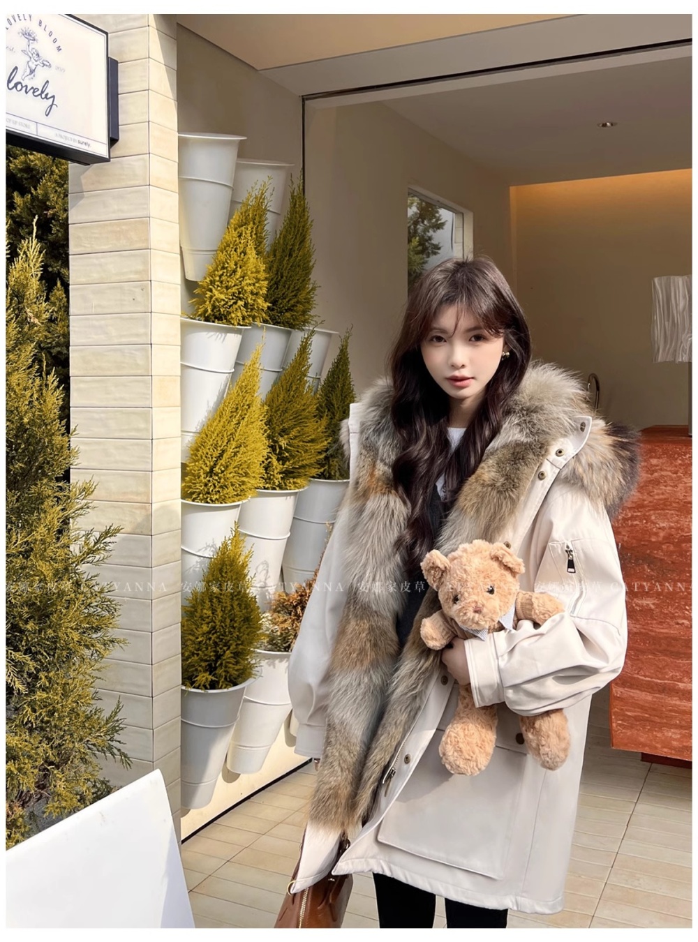 Hooded winter coat large fur collar thermal cotton coat