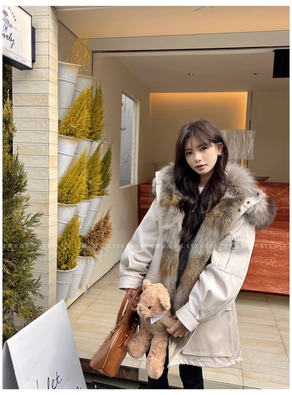Hooded winter coat large fur collar thermal cotton coat
