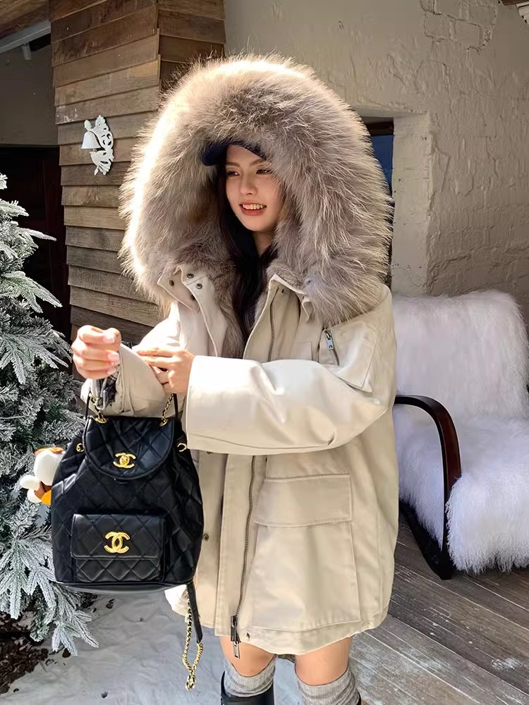 Hooded winter coat large fur collar thermal cotton coat