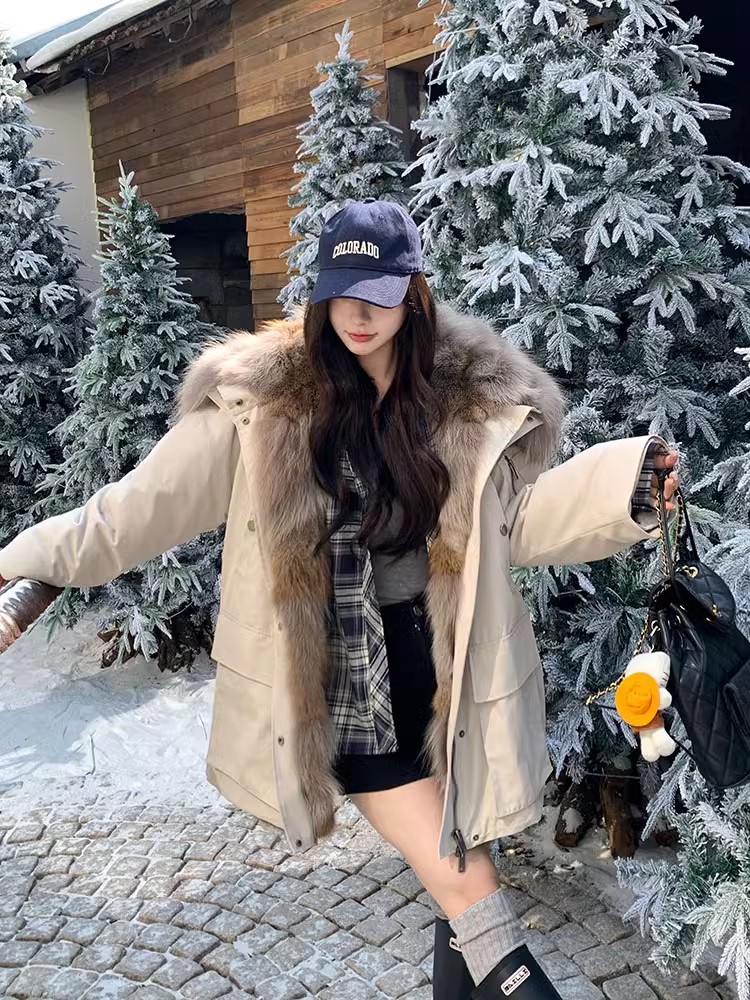 Hooded winter coat large fur collar thermal cotton coat