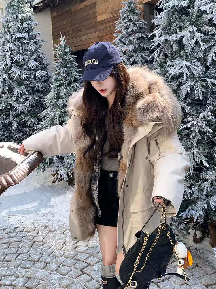 Hooded winter coat large fur collar thermal cotton coat