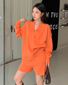 Loose V-neck shorts orange sweater 2pcs set for women