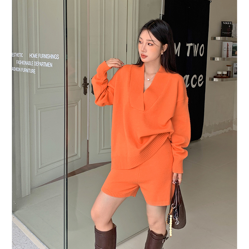 Loose V-neck shorts orange sweater 2pcs set for women