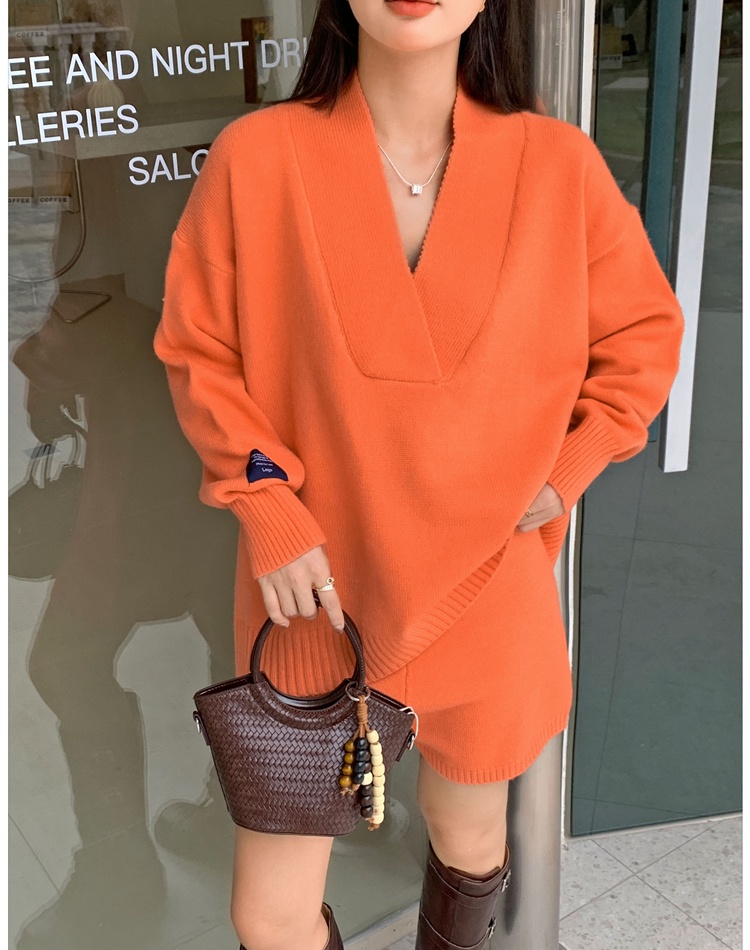 Loose V-neck shorts orange sweater 2pcs set for women