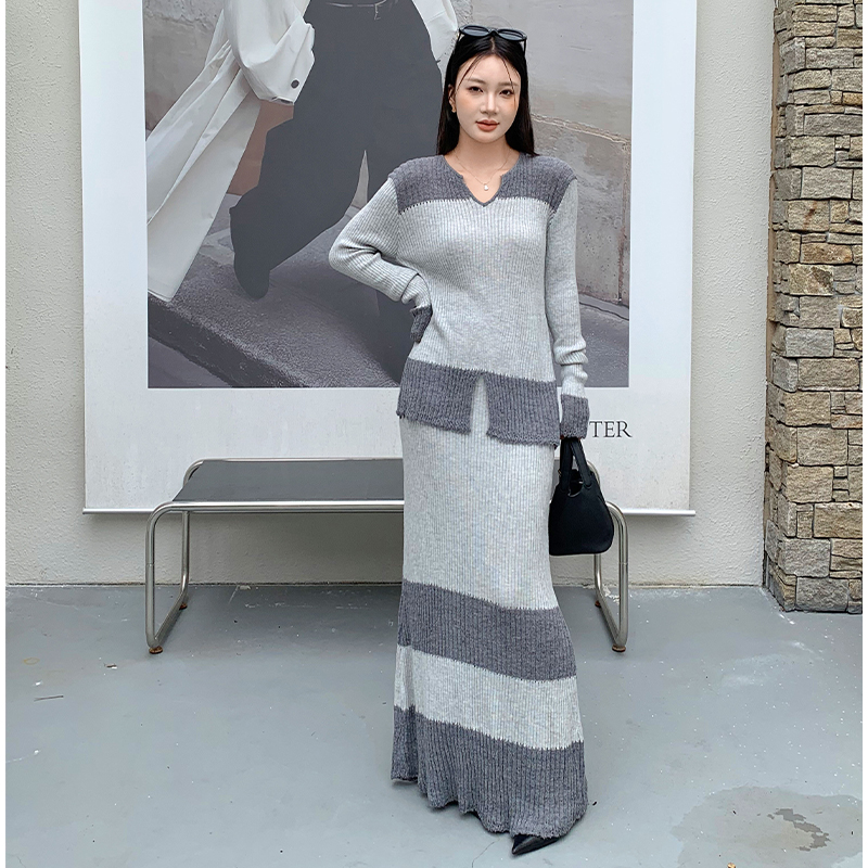 Autumn and winter skirt double yarn tops 2pcs set