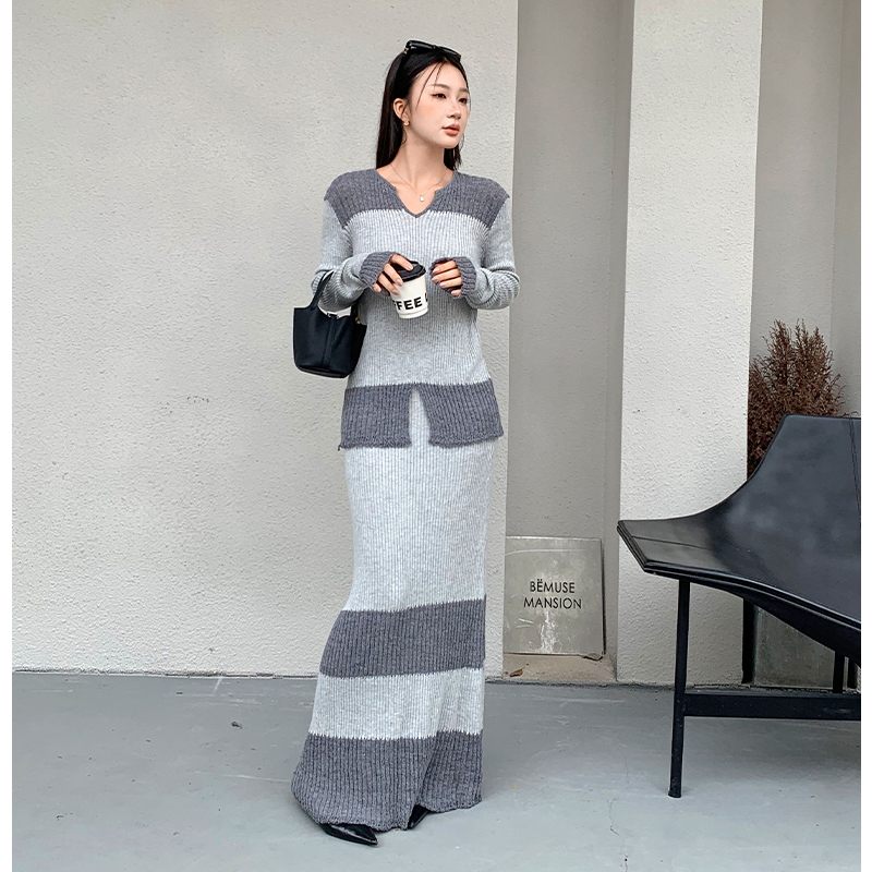 Autumn and winter skirt double yarn tops 2pcs set