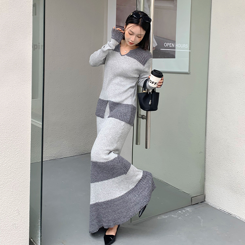 Autumn and winter skirt double yarn tops 2pcs set