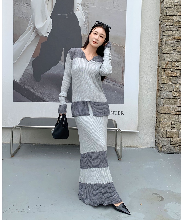 Autumn and winter skirt double yarn tops 2pcs set