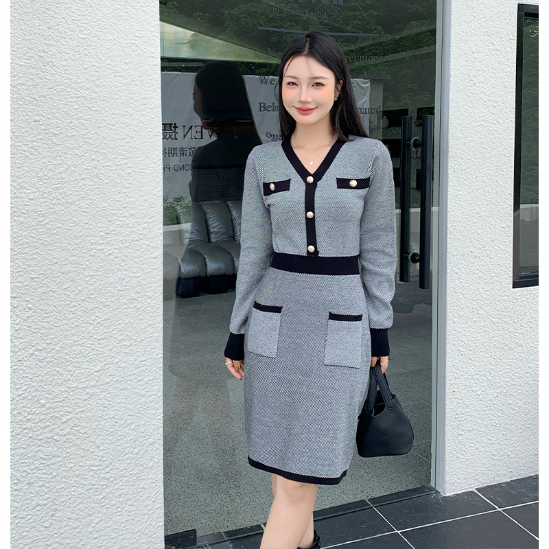 Knitted pinched waist sweater dress slim dress for women