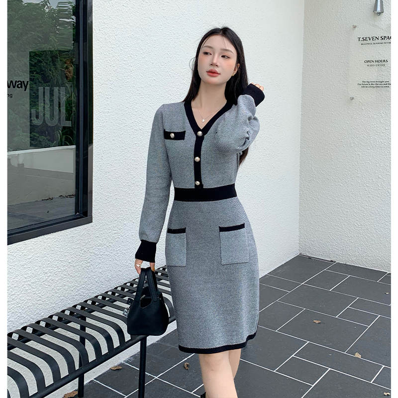 Knitted pinched waist sweater dress slim dress for women