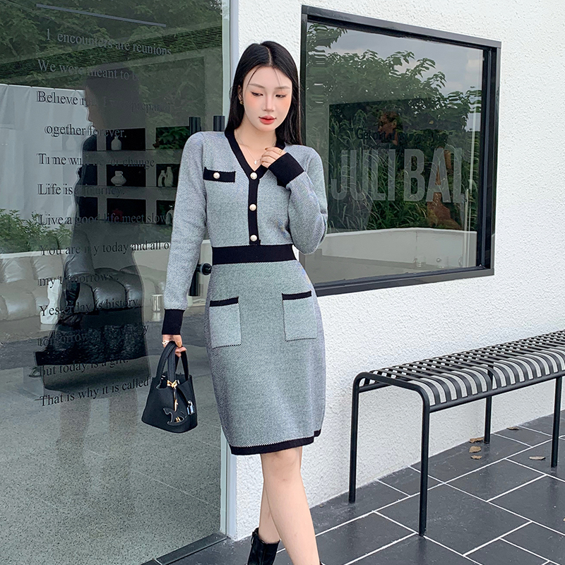 Knitted pinched waist sweater dress slim dress for women
