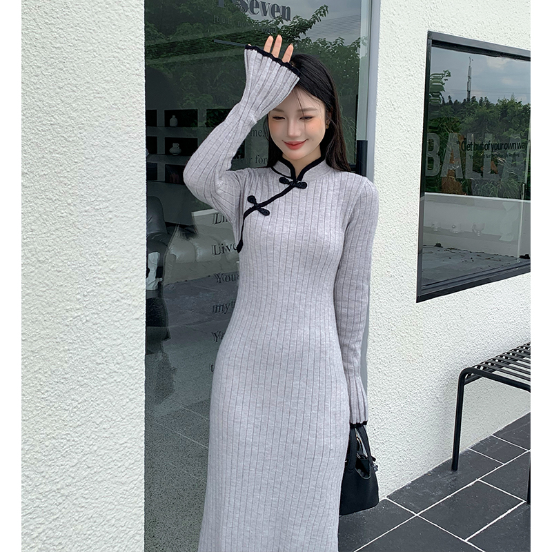 Chinese style slim long dress long sleeve dress