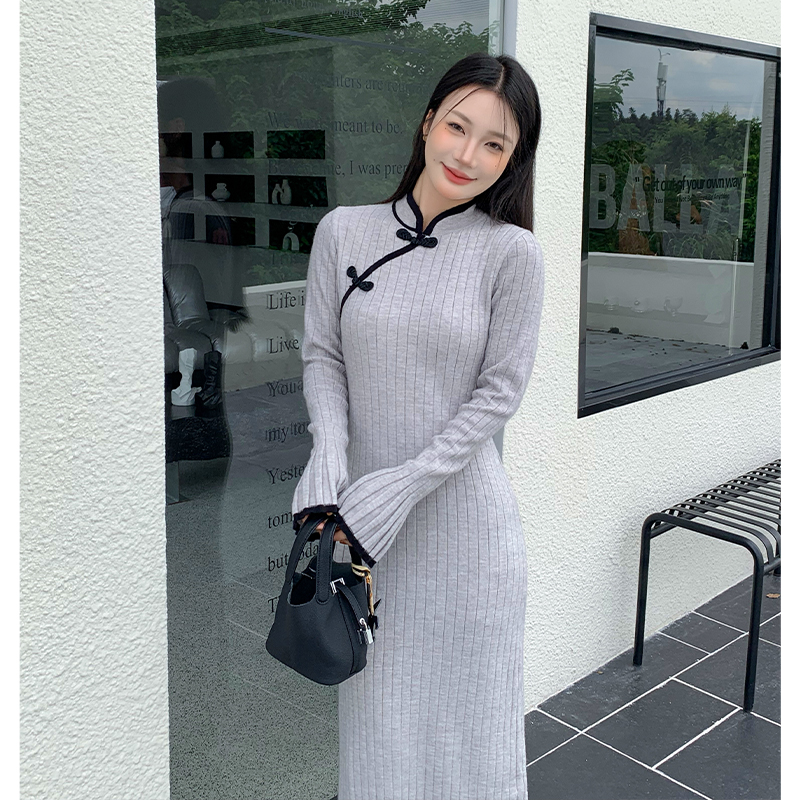 Chinese style slim long dress long sleeve dress