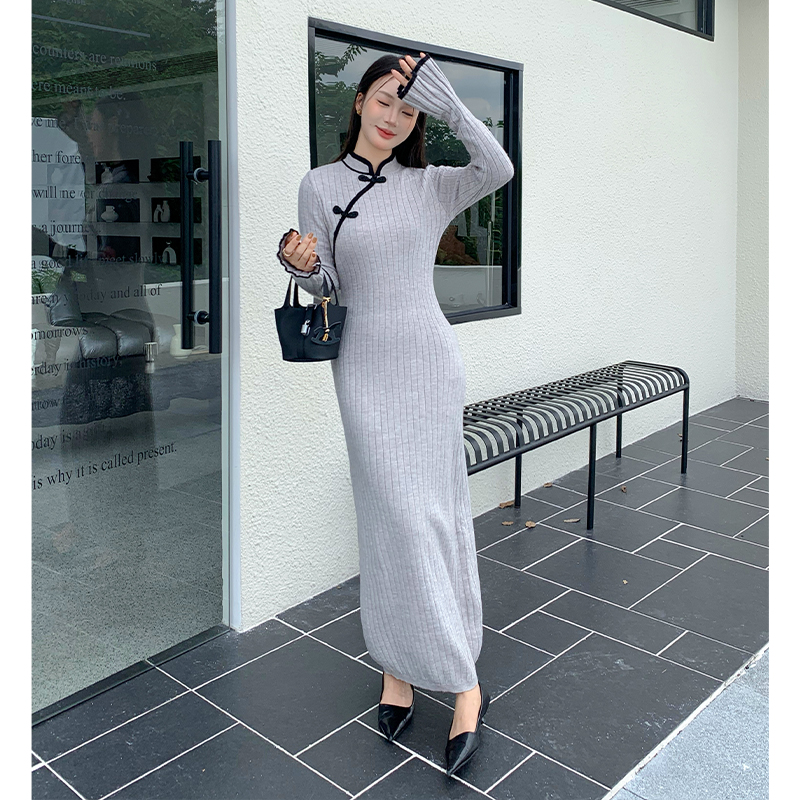 Chinese style slim long dress long sleeve dress